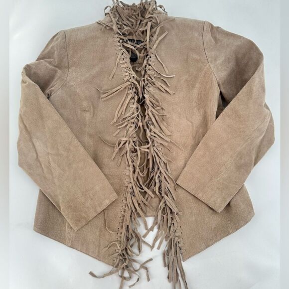 Dialogue Jackets & Blazers - Dialogue Vintage Tan 100% Leather Fringe Cowgirl Y2K Jacket Size XS Women’s